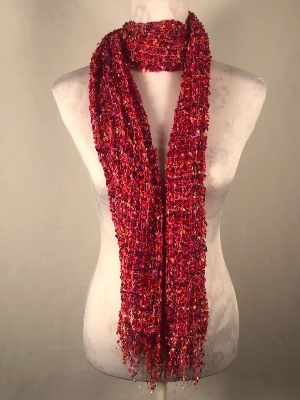 Vintage Textured Fringe Scarf – Red Pink Multi Knit | Soft Luxe Wrap